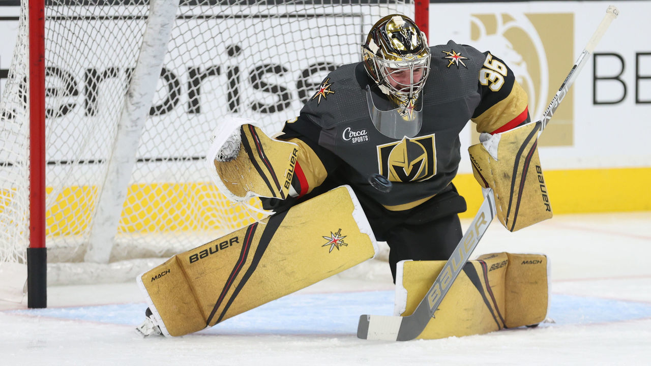 LAS VEGAS, NEVADA - OCTOBER 30: Logan Thompson #36 of the Vegas Golden Knights warms up prior to the game against the Winnipeg Jets at T-Mobile Arena on October 30, 2022 in Las Vegas, Nevada.