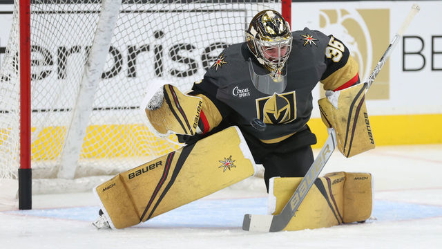 LAS VEGAS, NEVADA - OCTOBER 30: Logan Thompson #36 of the Vegas Golden Knights warms up prior to the game against the Winnipeg Jets at T-Mobile Arena on October 30, 2022 in Las Vegas, Nevada.