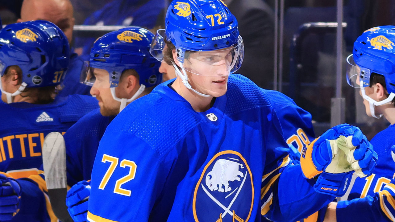 BUFFALO, NY - OCTOBER 31: Tage Thompson #72 of the Buffalo Sabres celebrates his second period goal against the Detroit Red Wings during an NHL game on October 31, 2022 at KeyBank Center in Buffalo, New York.