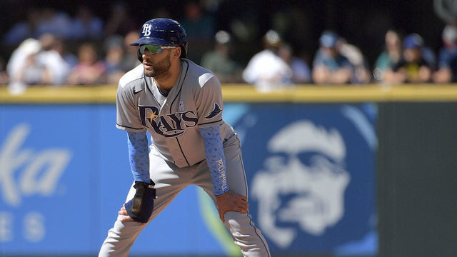 SEATTLE, WASHINGTON - JUNE 20: Brandon Lowe #8 of the Tampa Bay Rays leads off of second base during the game against the Seattle Mariners at T-Mobile Park on June 20, 2021 in Seattle, Washington. The Seattle Mariners beat the Tampa Bay Rays 6-2 in extra innings.