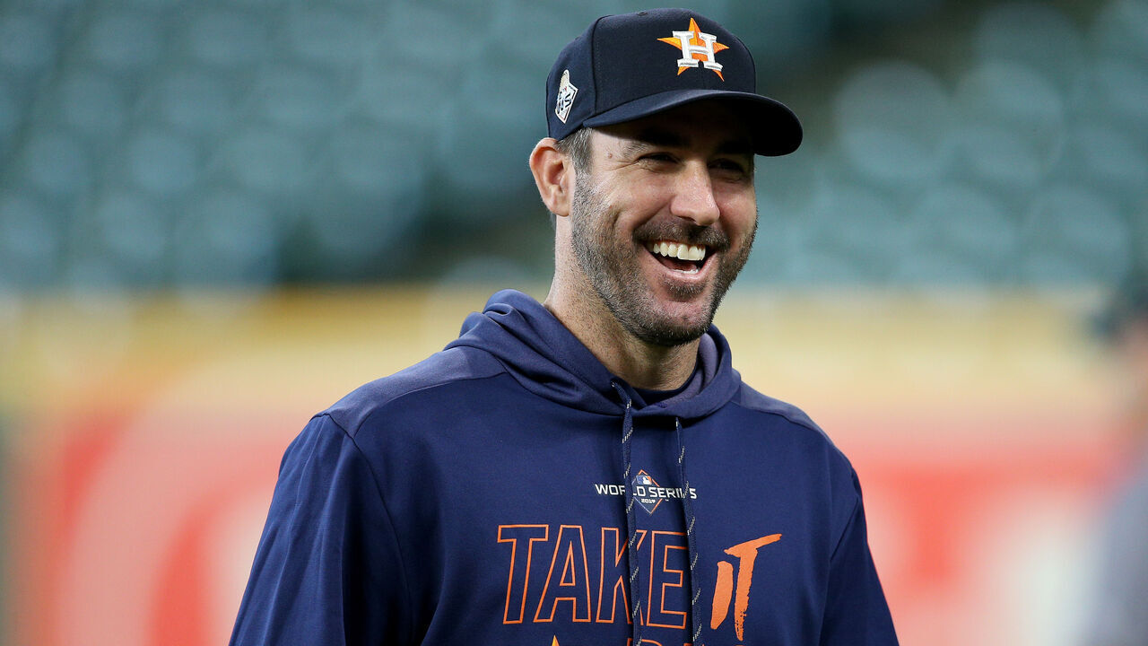 HOUSTON, TEXAS - OCTOBER 22: Justin Verlander #35 of the Houston Astros laughs during batting practice prior to Game One of the 2019 World Series against the Washington Nationals at Minute Maid Park on October 22, 2019 in Houston, Texas.