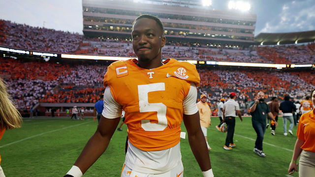 KNOXVILLE, TENNESSEE - SEPTEMBER 24: Hendon Hooker #5 of the Tennessee Volunteers celebrates after a win over the Florida Gators at Neyland Stadium on September 24, 2022 in Knoxville, Tennessee. Tennessee won the game 38-33.