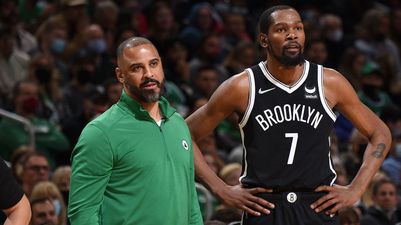 BOSTON, MA - NOVEMBER 24: Kevin Durant #7 of the Brooklyn Nets talks with Head Coach Ime Udoka of the Boston Celtics during the game on November 24, 2021 at the TD Garden in Boston, Massachusetts. Mandatory Copyright Notice: Copyright 2021 NBAE