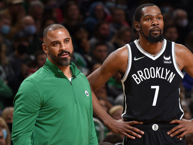 BOSTON, MA - NOVEMBER 24: Kevin Durant #7 of the Brooklyn Nets talks with Head Coach Ime Udoka of the Boston Celtics during the game on November 24, 2021 at the TD Garden in Boston, Massachusetts. Mandatory Copyright Notice: Copyright 2021 NBAE