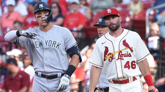 ST LOUIS, MO - AUGUST 06: Aaron Judge #99 of the New York Yankees stands next to Paul Goldschmidt #46 of the St. Louis Cardinals at Busch Stadium on August 6, 2022 in St Louis, Missouri.