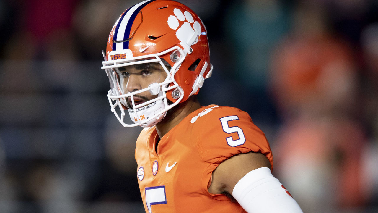 CHESTNUT HILL, MA - OCTOBER 08: DJ Uiagalelei #5 of the Clemson Tigers looks on during the first half against the Boston College Eagles at Alumni Stadium on October 8, 2022 in Chestnut Hill, Massachusetts.