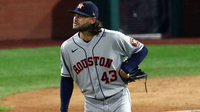 PHILADELPHIA, PENNSYLVANIA - NOVEMBER 01: Lance McCullers Jr. #43 of the Houston Astros reacts after giving up a two-run home run to Kyle Schwarber #12 of the Philadelphia Phillies during the fifth inning in Game Three of the 2022 World Series at Citizens Bank Park on November 01, 2022 in Philadelphia, Pennsylvania.