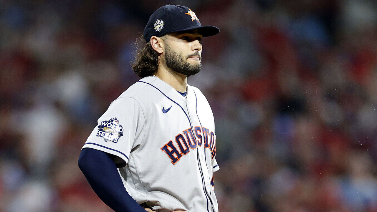 PHILADELPHIA, PENNSYLVANIA - NOVEMBER 01: Lance McCullers Jr. #43 of the Houston Astros reacts giving up three runs against the Philadelphia Phillies during the fifth inning in Game Three of the 2022 World Series at Citizens Bank Park on November 01, 2022 in Philadelphia, Pennsylvania.