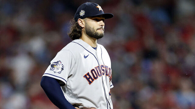 PHILADELPHIA, PENNSYLVANIA - NOVEMBER 01: Lance McCullers Jr. #43 of the Houston Astros reacts giving up three runs against the Philadelphia Phillies during the fifth inning in Game Three of the 2022 World Series at Citizens Bank Park on November 01, 2022 in Philadelphia, Pennsylvania.