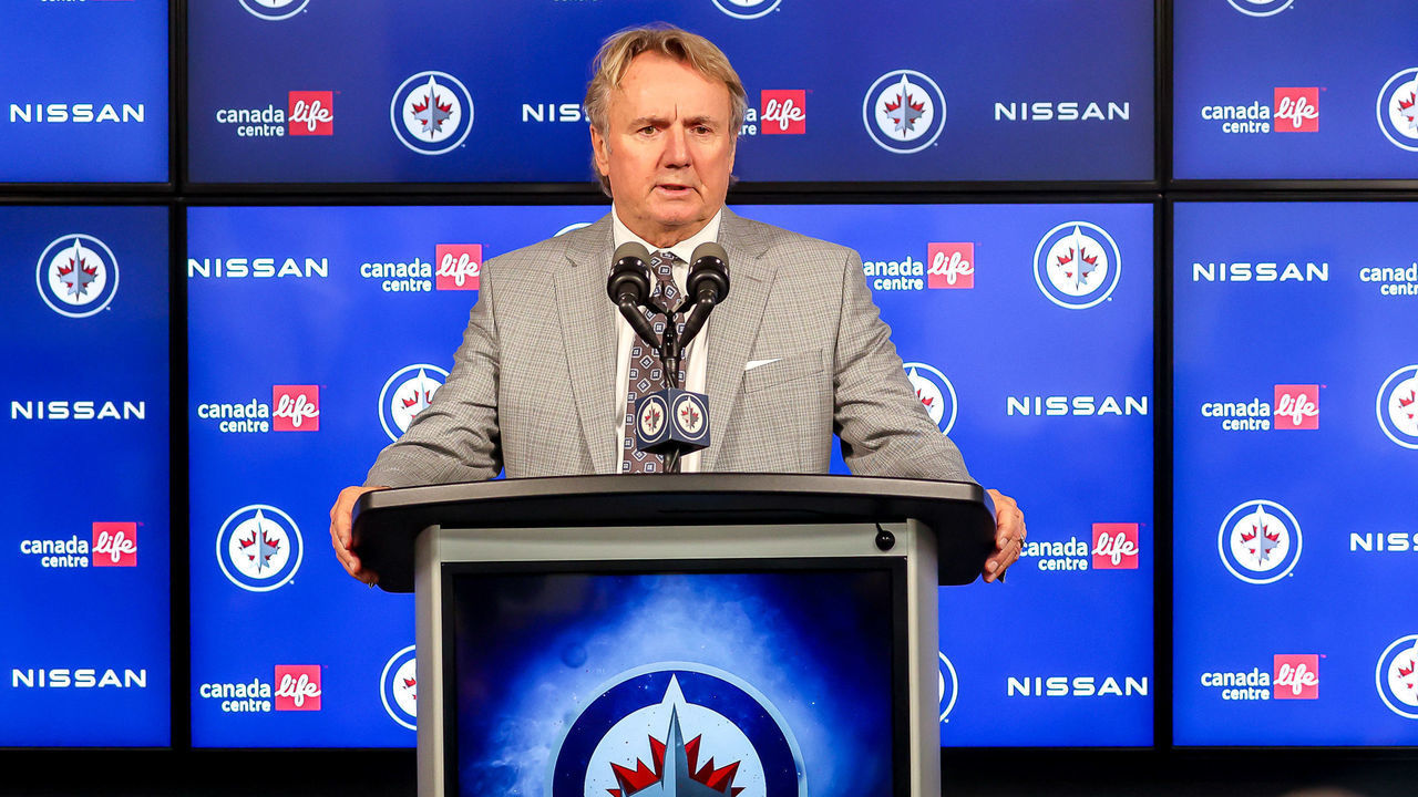 WINNIPEG, CANADA - OCTOBER 22: Head Coach Rick Bowness of the Winnipeg Jets takes part in the post-game press conference following a 4-1 defeat to the Toronto Maple Leafs at the Canada Life Centre on October 22, 2022 in Winnipeg, Manitoba, Canada.