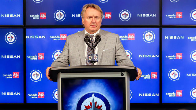 WINNIPEG, CANADA - OCTOBER 22: Head Coach Rick Bowness of the Winnipeg Jets takes part in the post-game press conference following a 4-1 defeat to the Toronto Maple Leafs at the Canada Life Centre on October 22, 2022 in Winnipeg, Manitoba, Canada.