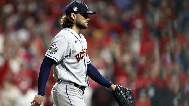 PHILADELPHIA, PENNSYLVANIA - NOVEMBER 01: Lance McCullers Jr. #43 of the Houston Astros walks off the field after being pulled from the game during the fifth inning against the Philadelphia Phillies in Game Three of the 2022 World Series at Citizens Bank Park on November 01, 2022 in Philadelphia, Pennsylvania.