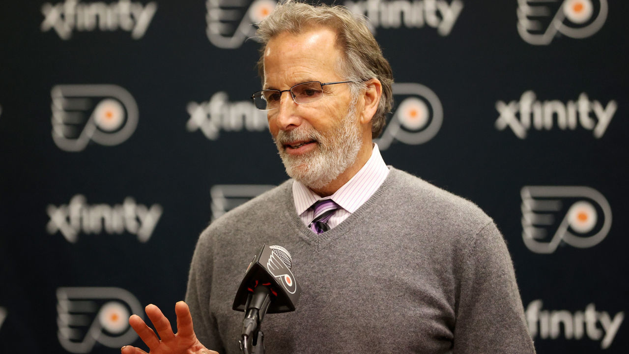 PHILADELPHIA, PENNSYLVANIA - OCTOBER 15: Head Coach of the Philadelphia Flyers John Tortorella speaks during a postgame press conference after defeating the Vancouver Canucks 3-2 at the Wells Fargo Center on October 15, 2022 in Philadelphia, Pennsylvania.