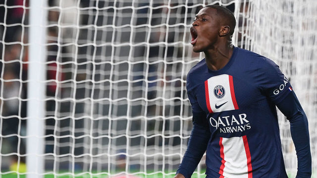 Paris Saint-Germain's Portuguese defender Nuno Mendes celebrates scoring his team's second goal during the UEFA Champions League 1st round day 6 group H football match between Juventus Turin and Paris Saint-Germain (PSG) at the Juventus stadium in Turin on November 2, 2022.