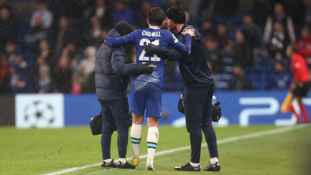 LONDON, ENGLAND - NOVEMBER 02: Chelsea's Ben Chilwell sustains an injury during the UEFA Champions League group E match between Chelsea FC and Dinamo Zagreb at Stamford Bridge on November 2, 2022 in London, United Kingdom.
