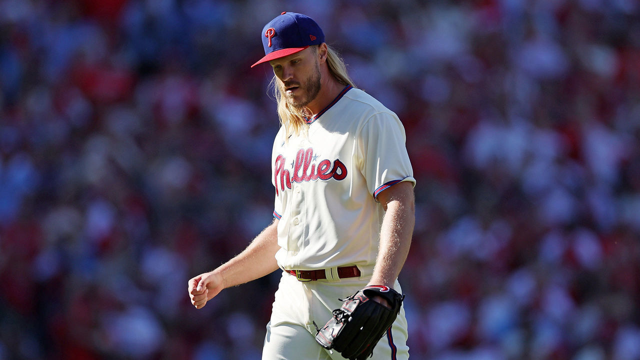 PHILADELPHIA, PENNSYLVANIA - OCTOBER 15: Noah Syndergaard #43 of the Philadelphia Phillies reacts to the third out against the Atlanta Braves during the second inning in game four of the National League Division Series at Citizens Bank Park on October 15, 2022 in Philadelphia, Pennsylvania.