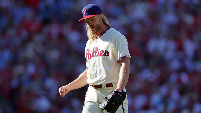 PHILADELPHIA, PENNSYLVANIA - OCTOBER 15: Noah Syndergaard #43 of the Philadelphia Phillies reacts to the third out against the Atlanta Braves during the second inning in game four of the National League Division Series at Citizens Bank Park on October 15, 2022 in Philadelphia, Pennsylvania.