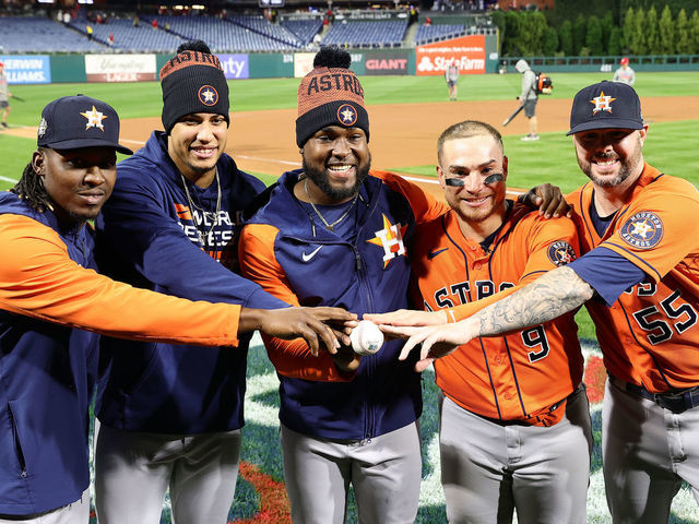 PHILADELPHIA, PENNSYLVANIA - NOVEMBER 02: Rafael Montero #47, Bryan Abreu #52, Cristian Javier #53, Christian Vazquez #9 and Ryan Pressly #55 of the Houston Astros pose for a photo after pitching for a combined no-hitter to defeat the Philadelphia Phillies 5-0 in Game Four of the 2022 World Series at Citizens Bank Park on November 02, 2022 in Philadelphia, Pennsylvania.
