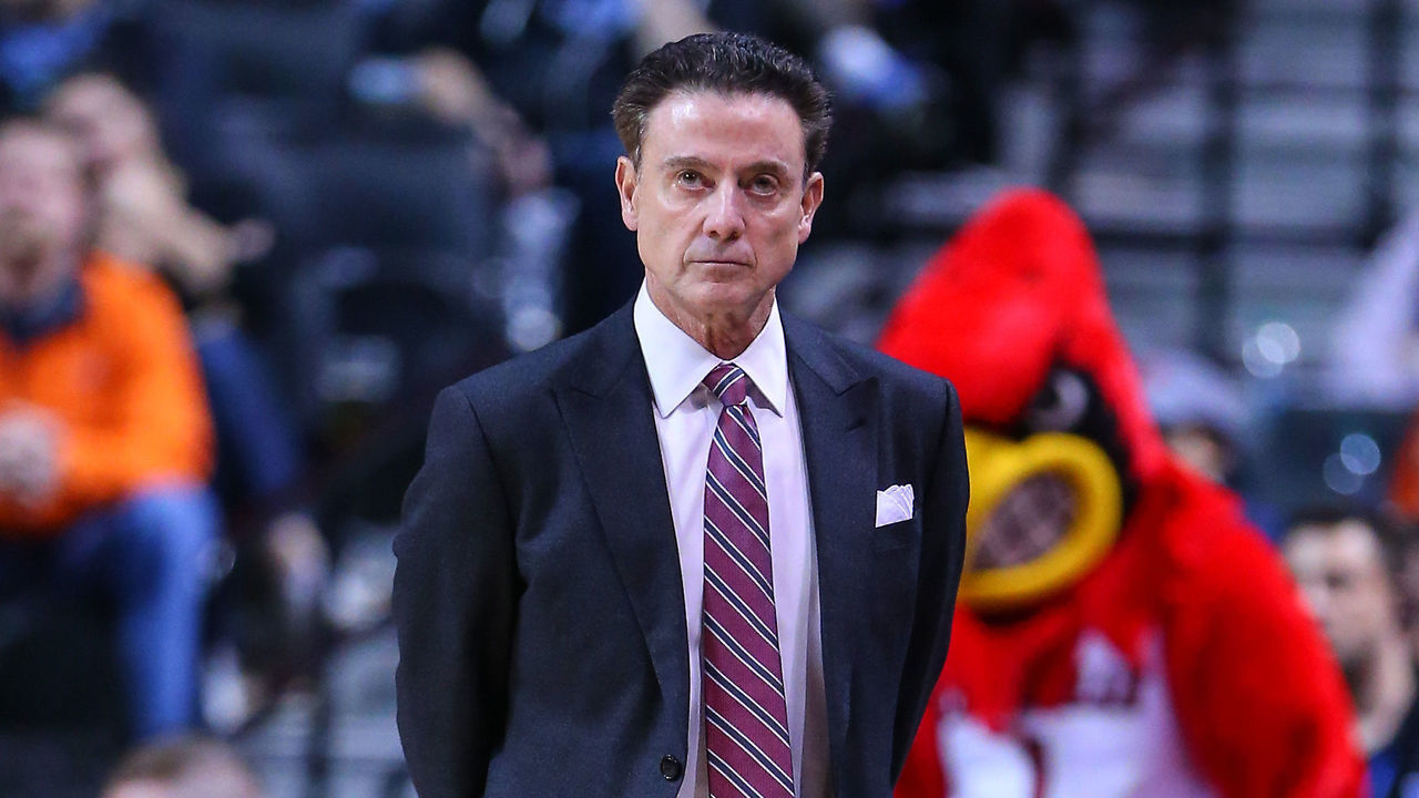 BROOKLYN, NY - MARCH 09: Louisville Cardinals head coach Rick Pitino during the first half of the 2017 New York Life ACC Tournament third round game between the Louisville Cardinals and the Duke Blue Devils on March 9, 2017, at the Barclays Center in Brooklyn,NY.