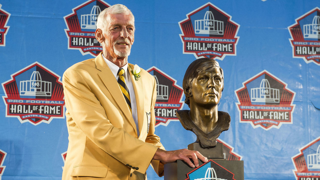 CANTON, OH - AUGUST 2: Former NFL punter Ray Guy with his bust during the NFL Class of 2014 Pro Football Hall of Fame Enshrinement Ceremony at Fawcett Stadium on August 2, 2014 in Canton, Ohio.