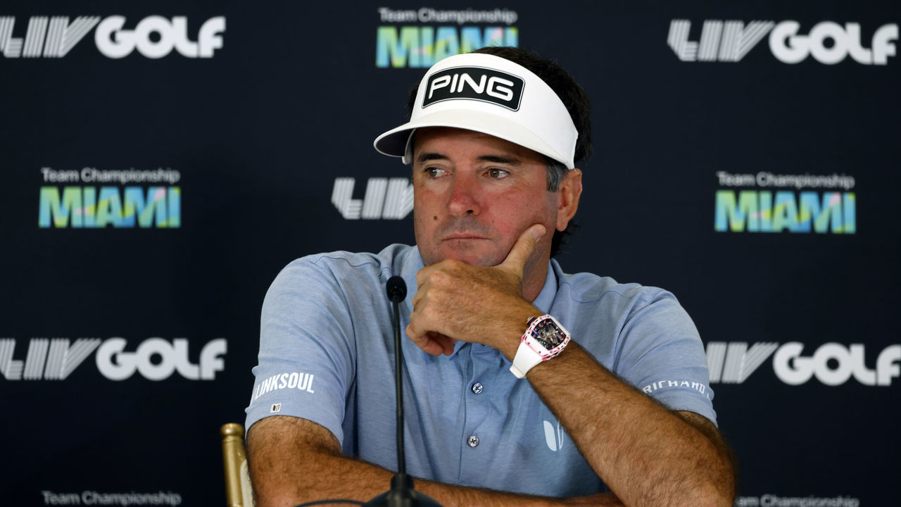 DORAL, FLORIDA - OCTOBER 26: Bubba Watson, Team Captain of Niblicks GC speaks to the media during the LIV Golf Team Championship Press Conference prior to the LIV Golf Team Championship - Miami at Trump National Doral Miami on October 26, 2022 in Doral, Florida.