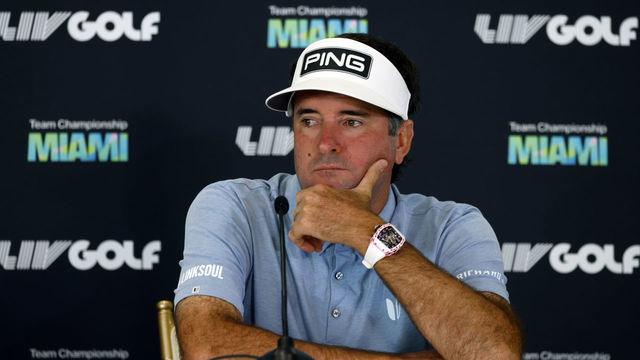 DORAL, FLORIDA - OCTOBER 26: Bubba Watson, Team Captain of Niblicks GC speaks to the media during the LIV Golf Team Championship Press Conference prior to the LIV Golf Team Championship - Miami at Trump National Doral Miami on October 26, 2022 in Doral, Florida.