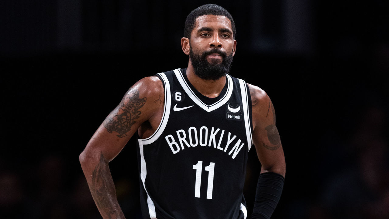 NEW YORK, NEW YORK - NOVEMBER 01: Kyrie Irving #11 of the Brooklyn Nets looks on during a break in the action during the fourth quarter of the game against the Chicago Bulls at Barclays Center on November 01, 2022 in New York City.
