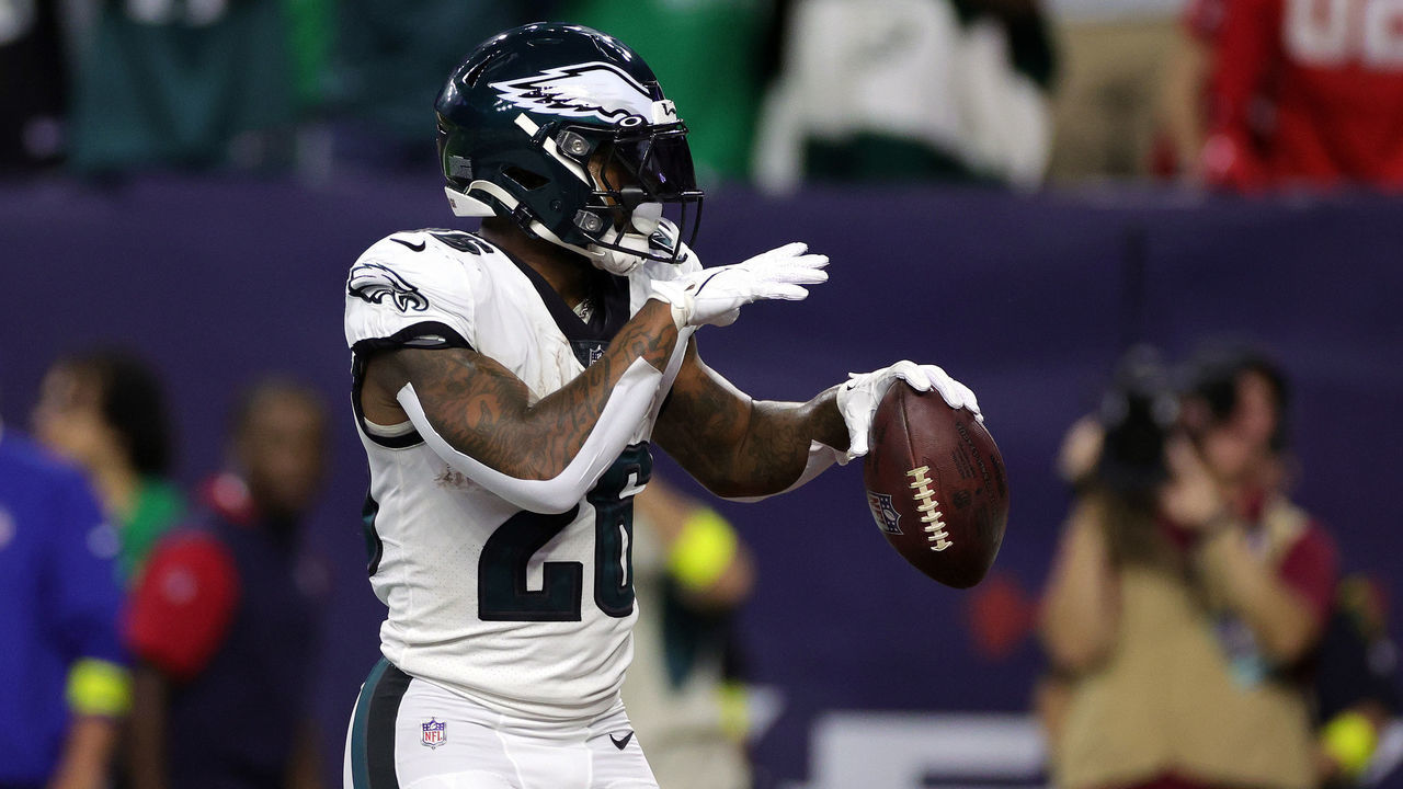 HOUSTON, TEXAS - NOVEMBER 03: Miles Sanders #26 of the Philadelphia Eagles celebrates a touchdown against the Houston Texans in the first quarter at NRG Stadium on November 03, 2022 in Houston, Texas.