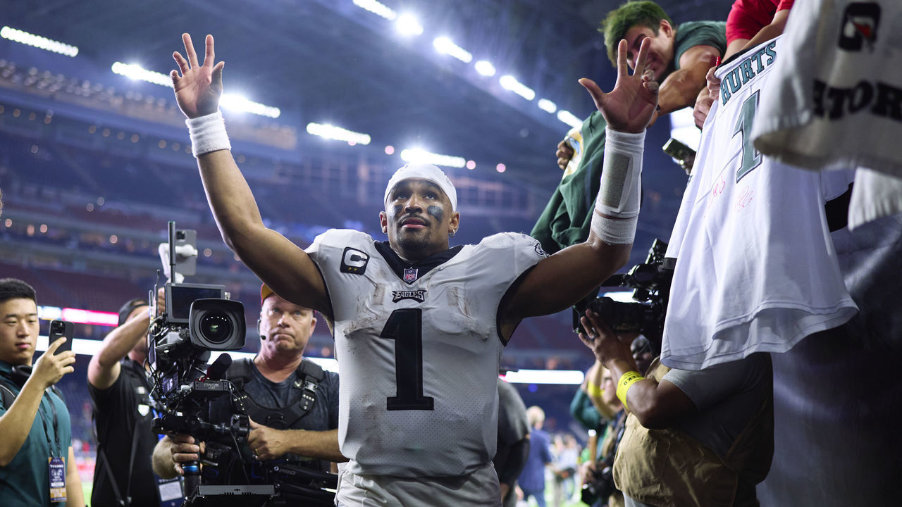 HOUSTON, TX - NOVEMBER 03: Jalen Hurts #1 of the Philadelphia Eagles celebrates as he runs off the field after defeating the Houston Texans at NRG Stadium on November 3, 2022 in Houston, Texas.