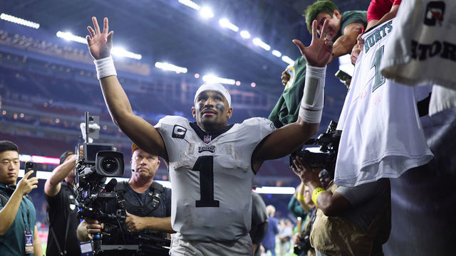 HOUSTON, TX - NOVEMBER 03: Jalen Hurts #1 of the Philadelphia Eagles celebrates as he runs off the field after defeating the Houston Texans at NRG Stadium on November 3, 2022 in Houston, Texas.