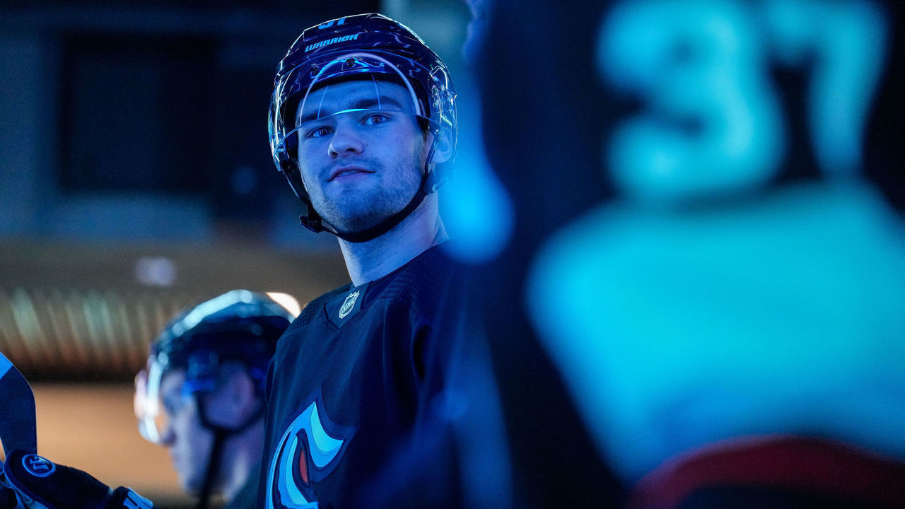 SEATTLE, WA - OCTOBER 19: Shane Wright #51 of the Seattle Kraken waits in the tunnel before heading out for warmups ahead of a game against the St. Louis Blues at Climate Pledge Arena on October 19, 2022 in Seattle, Washington.