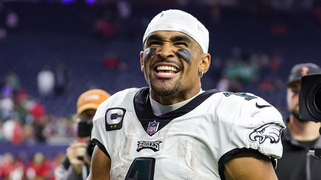 HOUSTON, TEXAS - NOVEMBER 03: Jalen Hurts #1 of the Philadelphia Eagles reacts following a win over the Houston Texans 29-17 at NRG Stadium on November 03, 2022 in Houston, Texas.