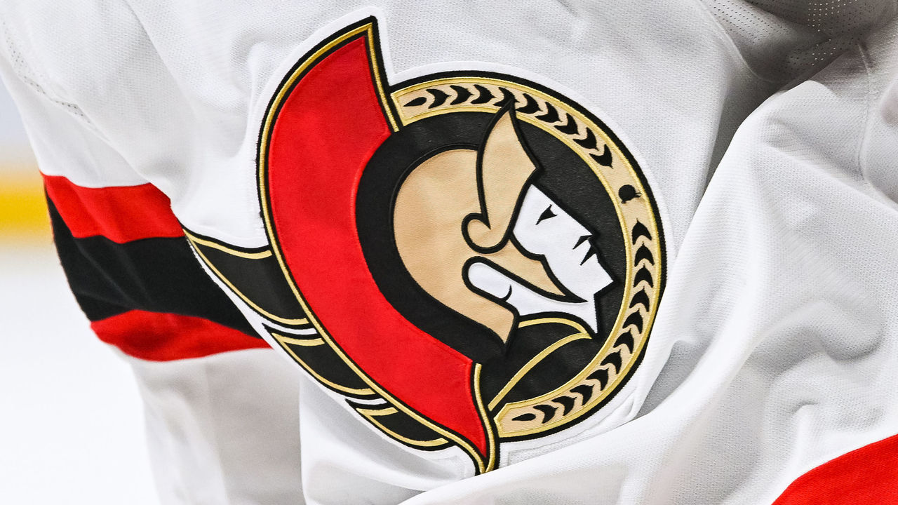 MONTREAL, QC - MARCH 19: View of a Ottawa Senators logo on a jersey worn by a member of the team during the Ottawa Senators versus the Montreal Canadiens game on March 19, 2022 at Bell Centre in Montreal, QC