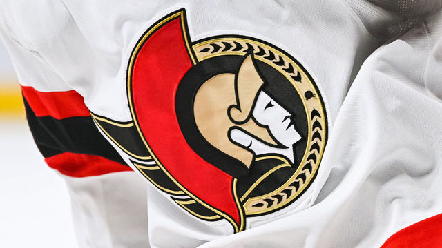 MONTREAL, QC - MARCH 19: View of a Ottawa Senators logo on a jersey worn by a member of the team during the Ottawa Senators versus the Montreal Canadiens game on March 19, 2022 at Bell Centre in Montreal, QC