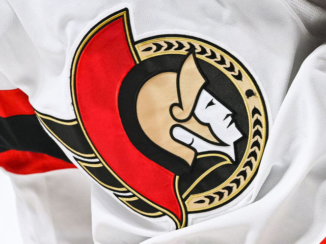 MONTREAL, QC - MARCH 19: View of a Ottawa Senators logo on a jersey worn by a member of the team during the Ottawa Senators versus the Montreal Canadiens game on March 19, 2022 at Bell Centre in Montreal, QC