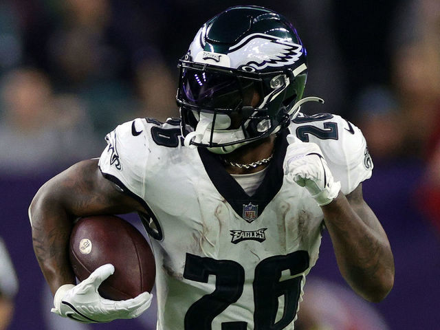 HOUSTON, TEXAS - NOVEMBER 03: Miles Sanders #26 of the Philadelphia Eagles runs the ball against the Houston Texans in the second quarter at NRG Stadium on November 03, 2022 in Houston, Texas.
