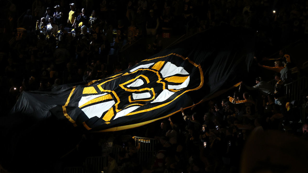 BOSTON, MASSACHUSETTS - MAY 06: A flag with the Boston Bruins logo is moved by fans before Game Three of the First Round of the 2022 Stanley Cup Playoffs at TD Garden on May 06, 2022 in Boston, Massachusetts.