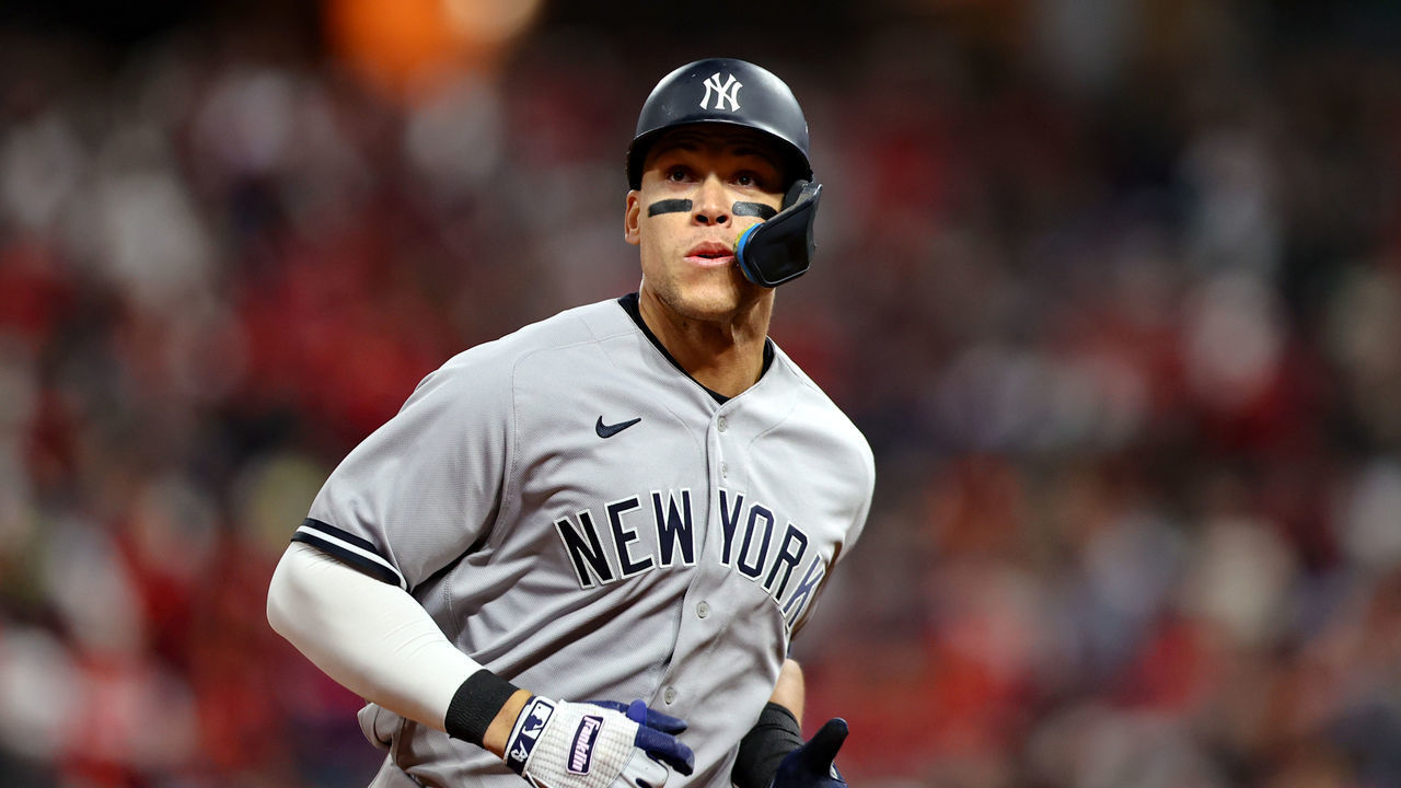 CLEVELAND, OH - OCTOBER 15: New York Yankees right fielder Aaron Judge (99) rounds the bases after hitting a 2-run home run during the third inning of the Major League Baseball ALDS Game 3 between the New York Yankees and Cleveland Guardians on October 15, 2022, at Progressive Field in Cleveland, OH.