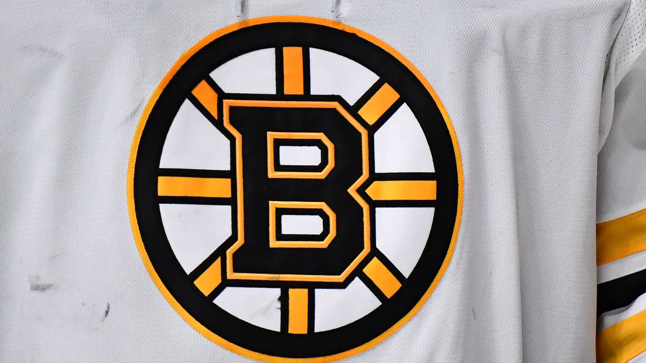 MONTREAL, QC - MARCH 21: A detailed view of the Boston Bruins' logo is seen during the second period against the Montreal Canadiens at Centre Bell on March 21, 2022 in Montreal, Canada. The Boston Bruins defeated the Montreal Canadiens 3-2 in overtime.