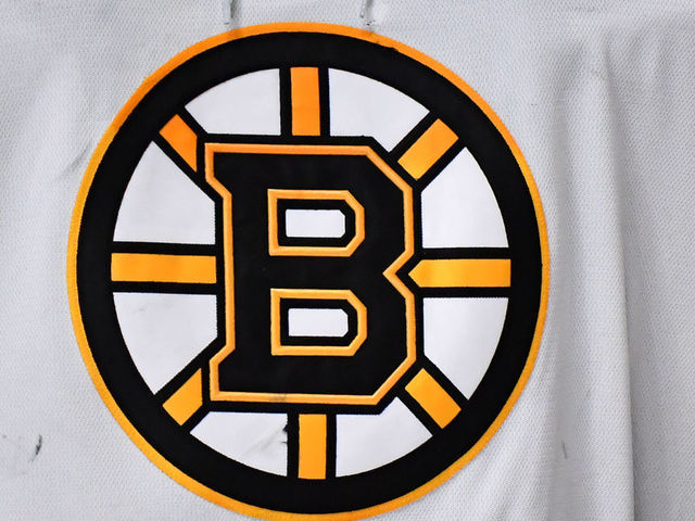 MONTREAL, QC - MARCH 21: A detailed view of the Boston Bruins' logo is seen during the second period against the Montreal Canadiens at Centre Bell on March 21, 2022 in Montreal, Canada. The Boston Bruins defeated the Montreal Canadiens 3-2 in overtime.