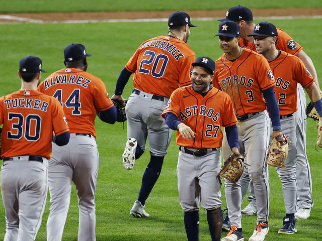 PHILADELPHIA, PA - NOVEMBER 03: Members of the Houston Astros celebrate after defeating the Philadelphia Phillies in Game 5 of the 2022 World Series at Citizens Bank Park on Thursday, November 3, 2022 in Philadelphia, Pennsylvania.