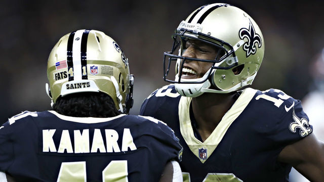 NEW ORLEANS, LA - OCTOBER 29: Alvin Kamara #41 and Michael Thomas #13 of the New Orleans Saints celebrate after a big catch by Kamara during a game against the Chicago Bears at Mercedes-Benz Superdome on October 29, 2017 in New Orleans, Louisiana. The Saints defeated the Bears 20-12.