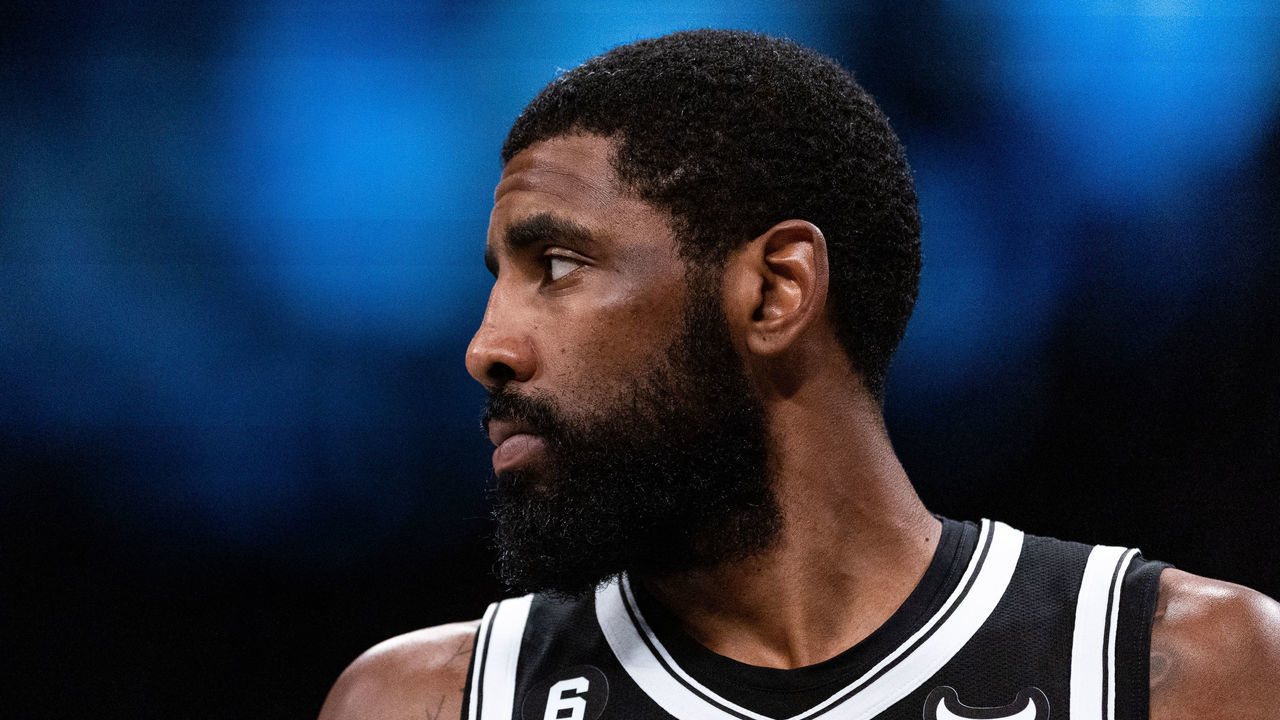 NEW YORK, NEW YORK - NOVEMBER 01: Kyrie Irving #11 of the Brooklyn Nets looks on during a break in the action during the first quarter of the game of the Chicago Bulls at Barclays Center on November 01, 2022 in New York City.