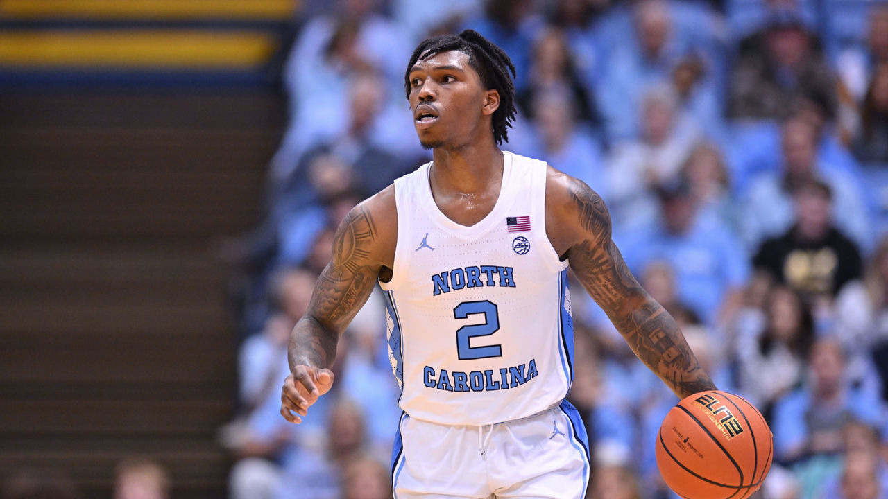 CHAPEL HILL, NORTH CAROLINA - OCTOBER 28: Caleb Love #2 of the North Carolina Tar Heels moves the ball against the Johnson C. Smith Golden Bulls during their game at the Dean E. Smith Center on October 28, 2022 in Chapel Hill, North Carolina.