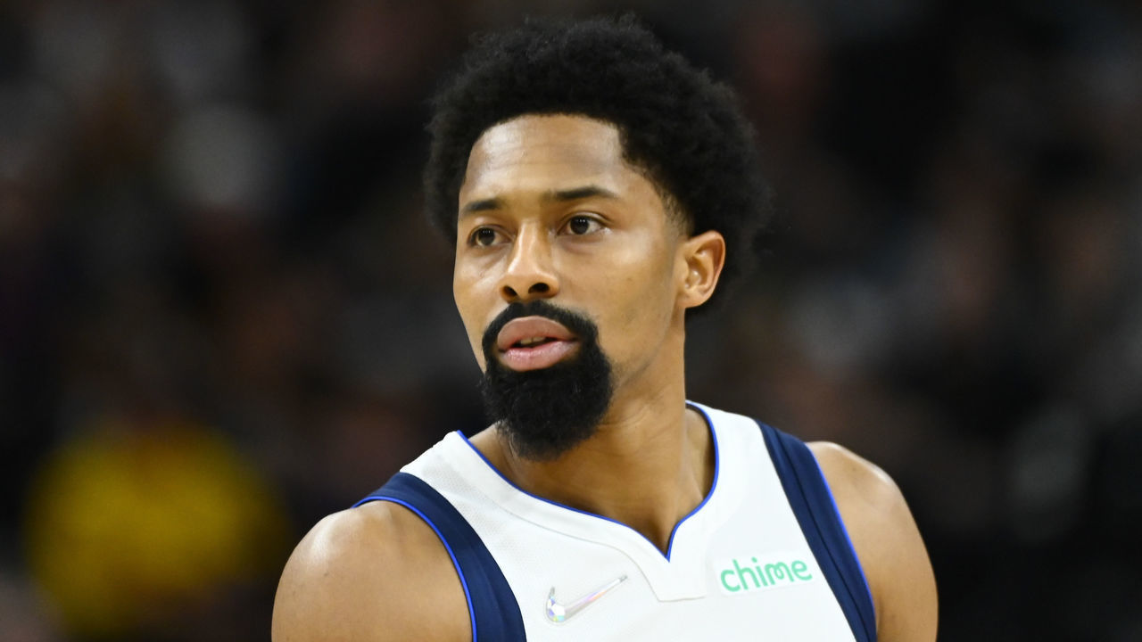 SALT LAKE CITY, UTAH - APRIL 28: Spencer Dinwiddie #26 of the Dallas Mavericks looks on during the first half of Game 6 of the Western Conference First Round Playoffs against the Utah Jazz at Vivint Smart Home Arena on April 28, 2022 in Salt Lake City, Utah. NOTE TO USER: User expressly acknowledges and agrees that, by downloading and/or using this Photograph, user is consenting to the terms and conditions of the Getty Images License Agreement.