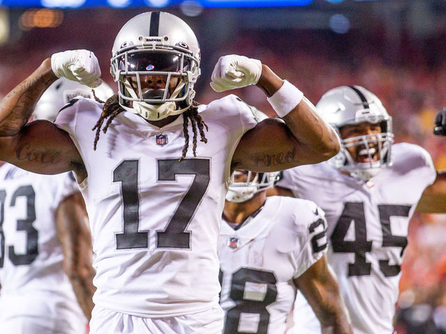KANSAS CITY, MO - OCTOBER 10: Las Vegas Raiders wide receiver Davante Adams (17) celebrates in the end zone after scoring a touchdown during the first half against the Kansas City Chiefs on October 10th, 2022 at GEHA field in Kansas City, Missouri.