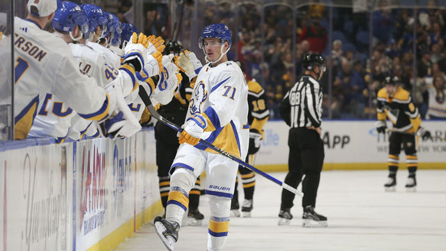 BUFFALO, NEW YORK - NOVEMBER 02: Victor Olofsson #71 of the Buffalo Sabres celebrates his goal against the Pittsburgh Penguins during the third period at KeyBank Center on November 02, 2022 in Buffalo, New York.