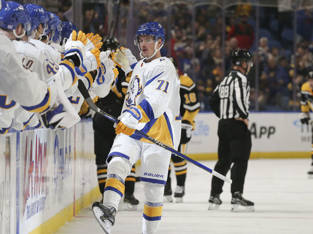 BUFFALO, NEW YORK - NOVEMBER 02: Victor Olofsson #71 of the Buffalo Sabres celebrates his goal against the Pittsburgh Penguins during the third period at KeyBank Center on November 02, 2022 in Buffalo, New York.
