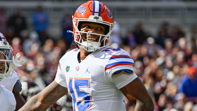 COLLEGE STATION, TX - NOVEMBER 05: Florida Gators quarterback Anthony Richardson (15) celebrates his second first half rushing touchdown during the football game between the Florida Gators and Texas A&M Aggies at Kyle Field on November 5, 2022 in College Station, Texas.