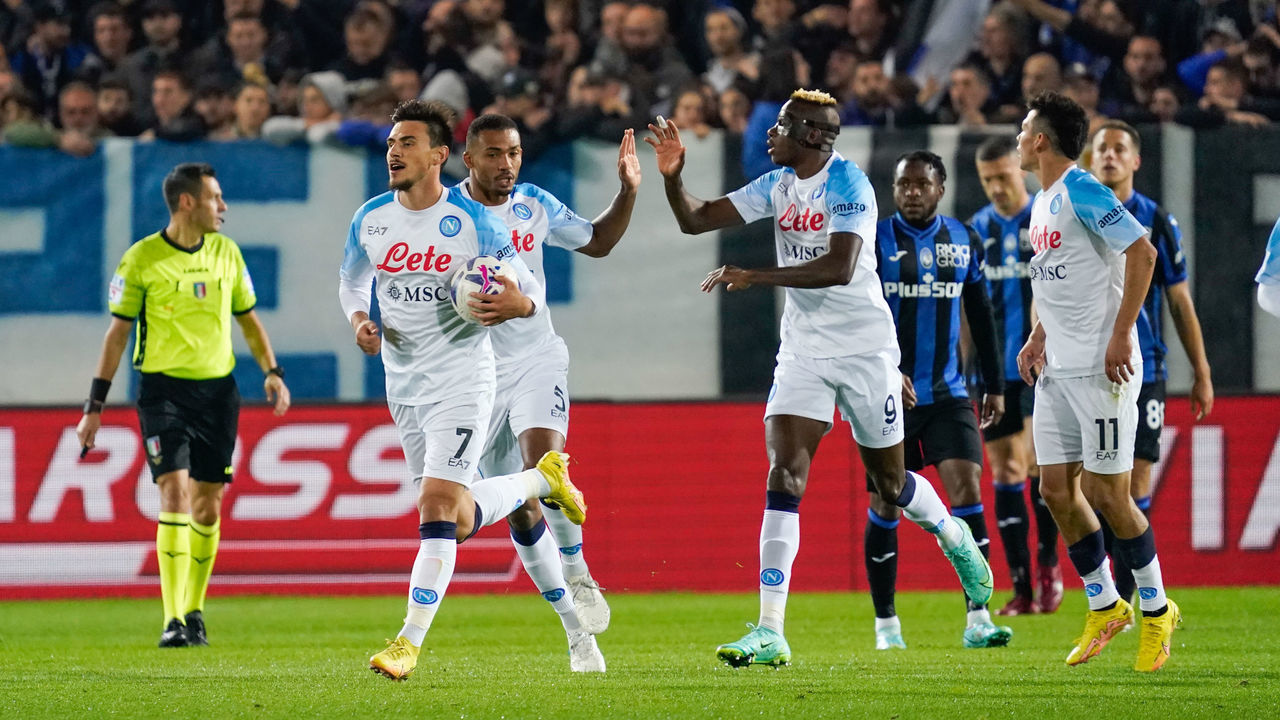 Victor Osimhen (#9 SSC Napoli) goal celebrate during Atalanta BC against SSC Napoli, Serie A, at Gewiss Stadium on November 05th, 2022.